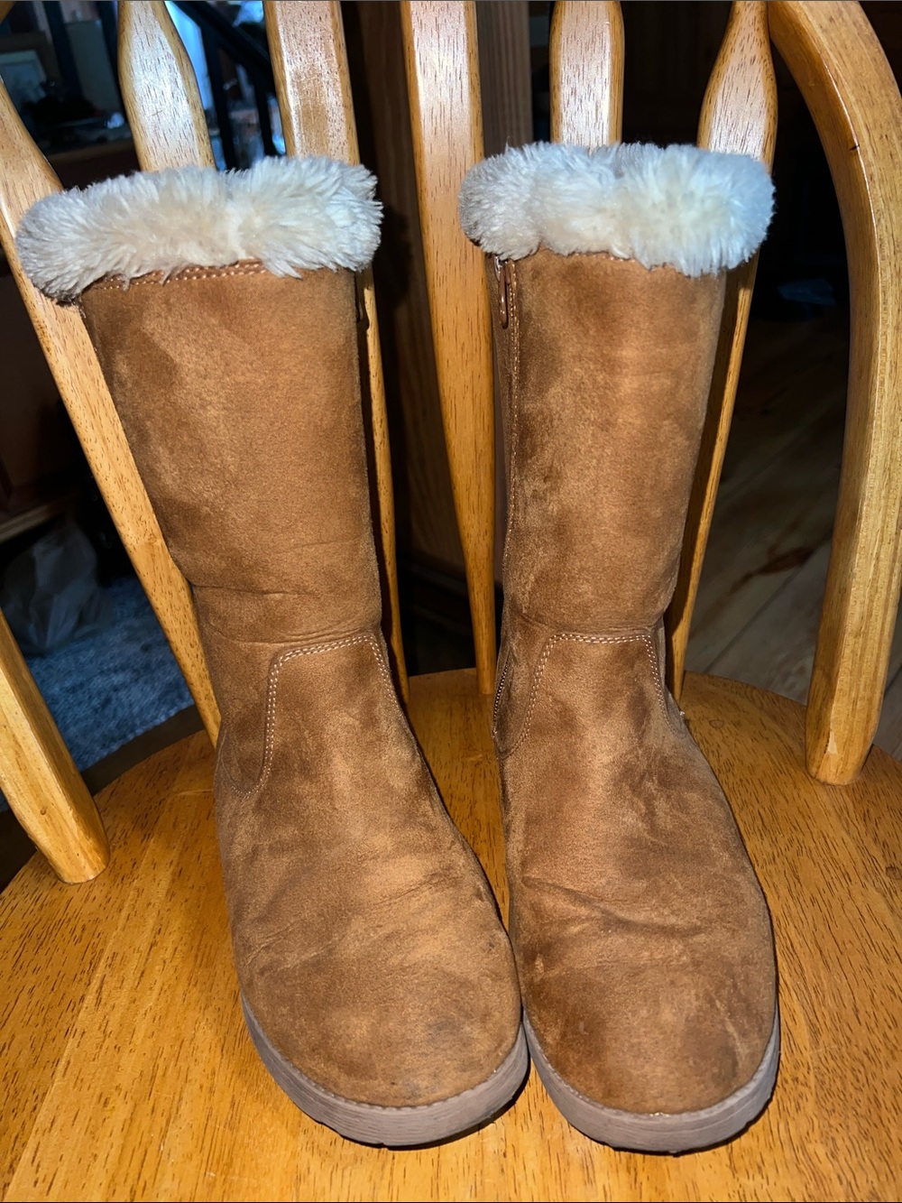 Cat And Jack Faux Brown Suede + Fur Trim Winter Boots Girls Chestnut Size 5